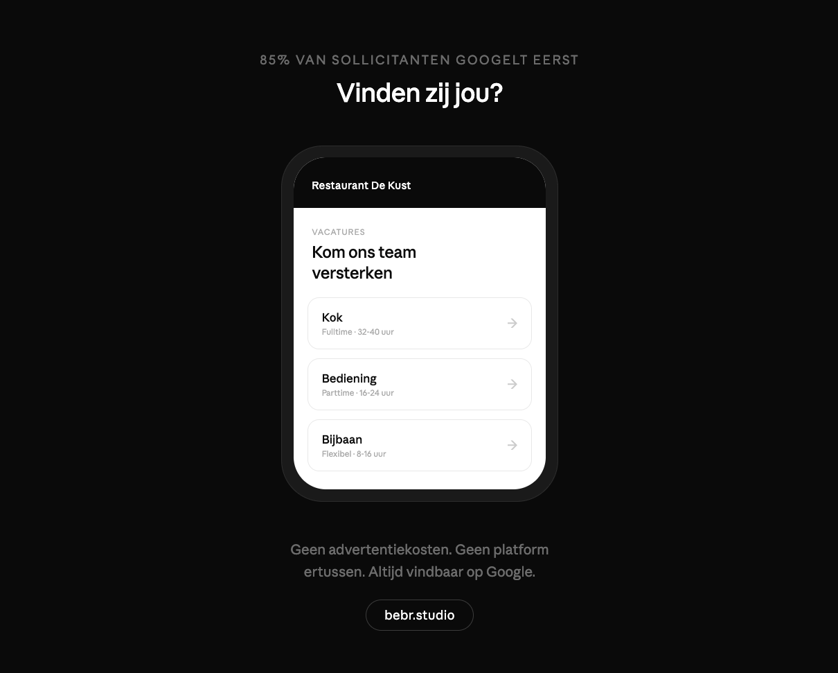 Sociale media advertenties bereiken mensen op het verkeerde moment. Een vacaturepagina op je eigen website vangt kandidaten op die actief zoeken, kost na de opzet niets meer en versterkt je uitstraling als werkgever.