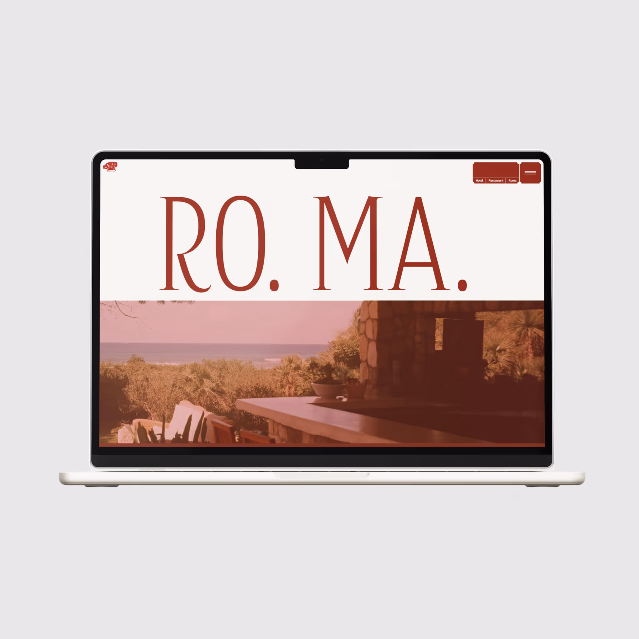 Laptop met een horecawebsite in beeld, een grote wordmark boven een sfeerfoto van de zaak