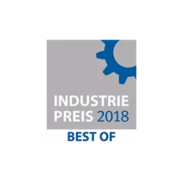 Logo des Industriepreis 2018, Auszeichnung "BEST OF", grauer Hintergrund mit blauem Zahnrad.