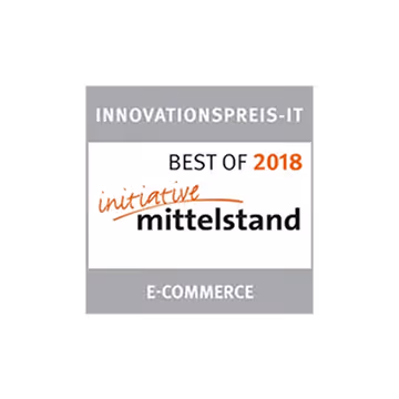 Innovationspreis-IT 2018 für E-Commerce von der Initiative Mittelstand, grauer Rahmen, orange und schwarze Schrift.