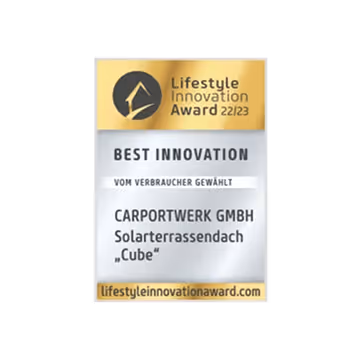 Lifestyle Innovation Award 2023, Best Innovation, Carportwerk GmbH Solarterrassendach "Cube".