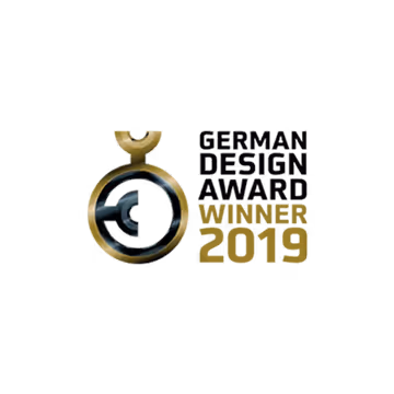 German Design Award Winner 2019 Emblem in Gold und Schwarz, Medaillenform.