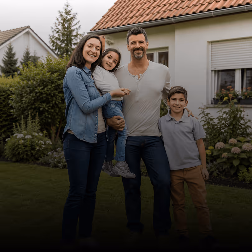 Eine glückliche Familie mit zwei Kindern steht draußen vor einem modernen Gebäude und lächelt in die Kamera.