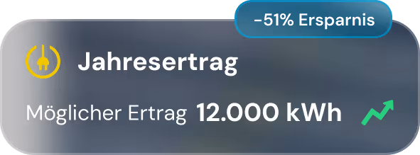 Jahresertrag 12.000 kWh, 51% Ersparnis, grüner Pfeil nach oben, symbolisiert Energieeinsparung.