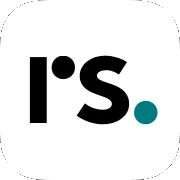 Logo with black lowercase letters 'r' and 's', a black dot, and a teal dot on white background.