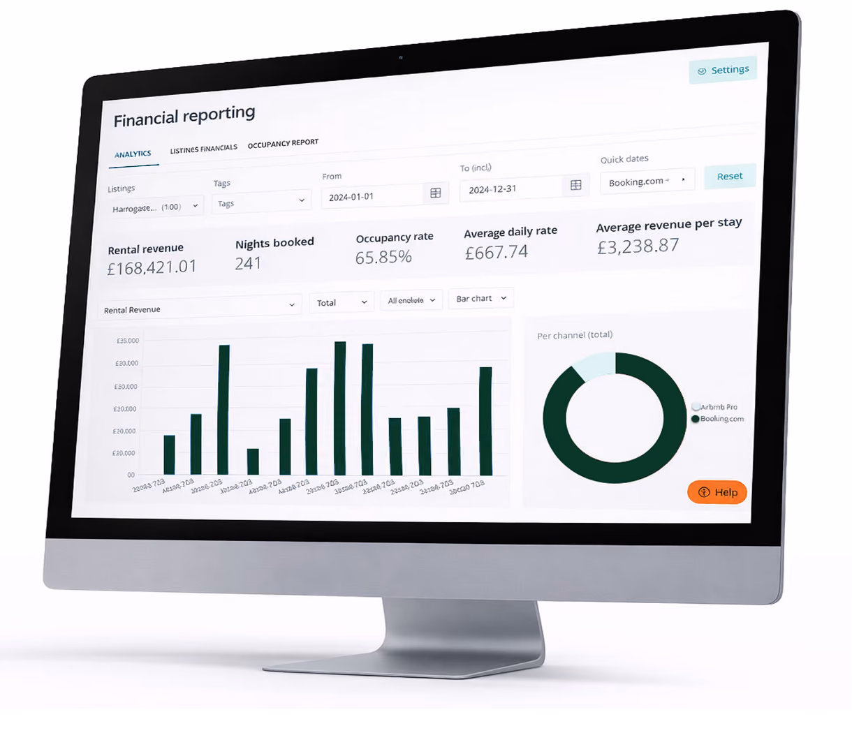 Financial reporting dashboard showing a Harrogate holiday let's rental revenue and occupancy