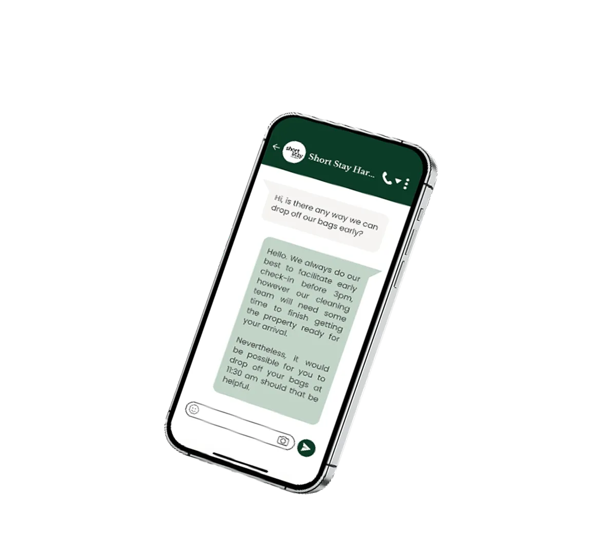 Guest messaging on a phone, with Short Stay Harrogate replying to guests 24/7