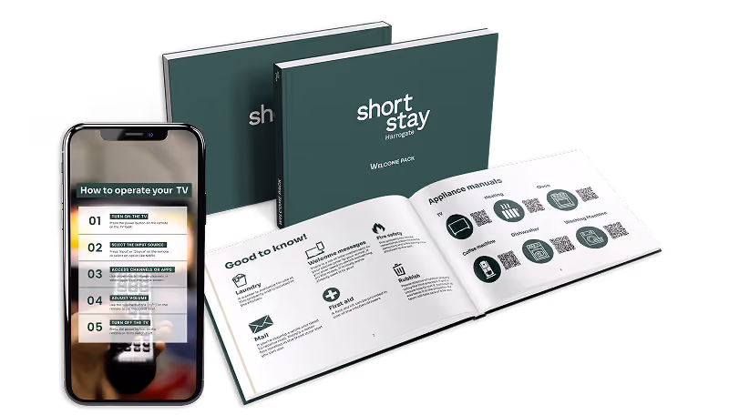 Short Stay Harrogate personalised welcome guide for guests, in print and on a phone