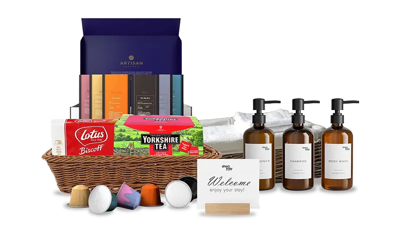 Guest welcome hamper with Bettys treats, coffee and premium bath products