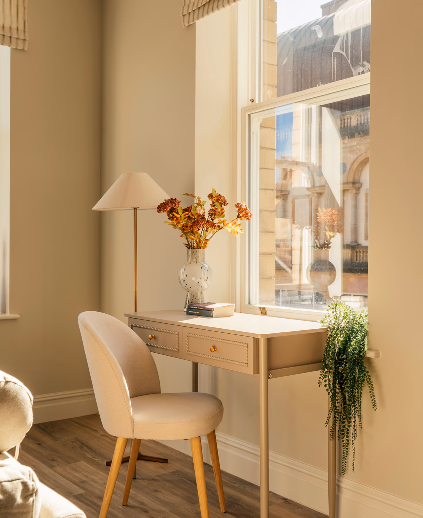 Desk by a sunny window in a Harrogate holiday let