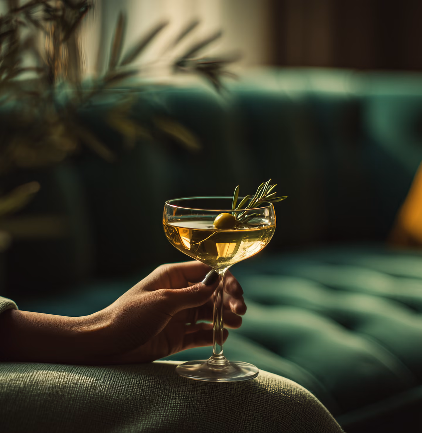 Glass of champagne held in a dimly lit Harrogate bar