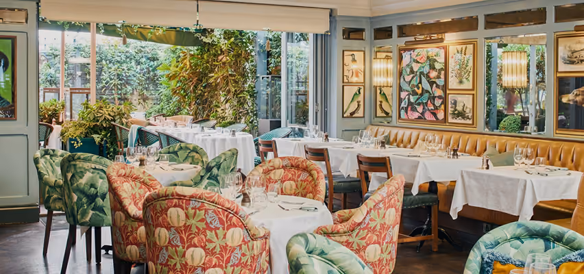 Elegant restaurant dining room with floral chairs in Harrogate