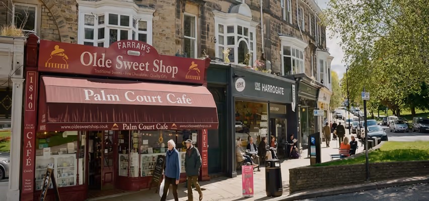 Shopfronts and cafés on a Harrogate high street