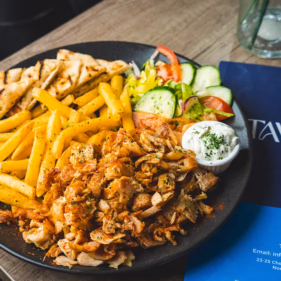 Greek gyros platter with chips at Taverna, Harrogate