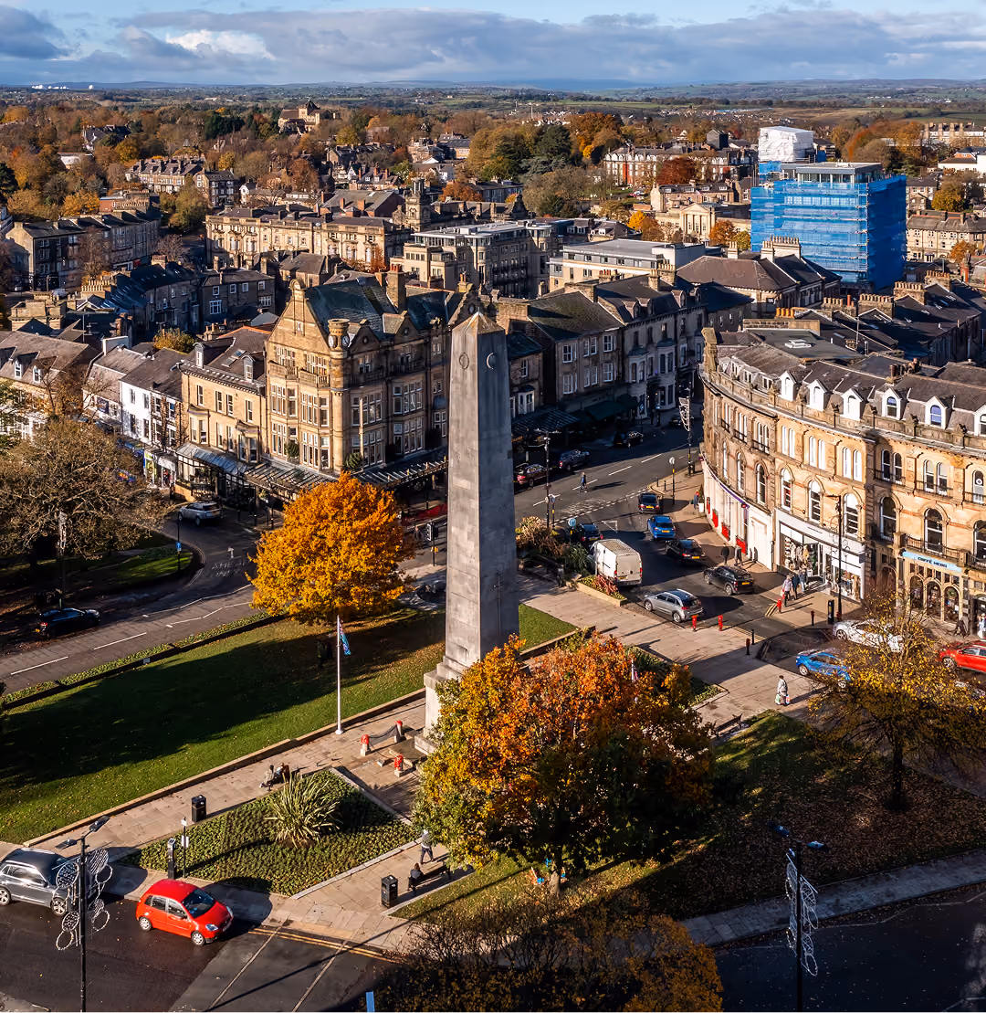 Aerial view of Harrogate town centre and the War Memorial
