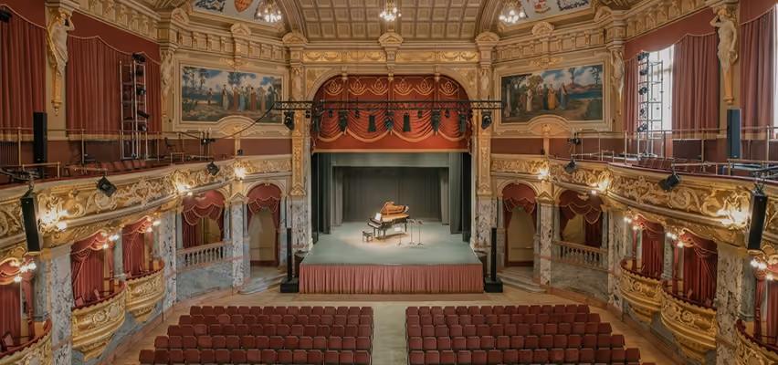 Ornate stage and auditorium of the Royal Hall, Harrogate