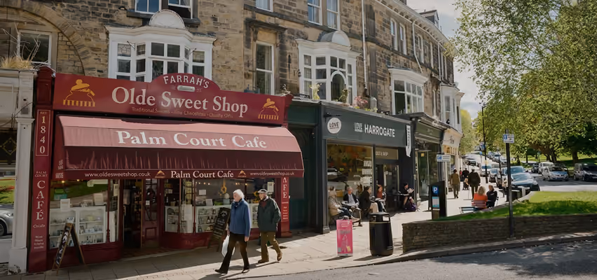 Shopfronts and cafés on a Harrogate high street