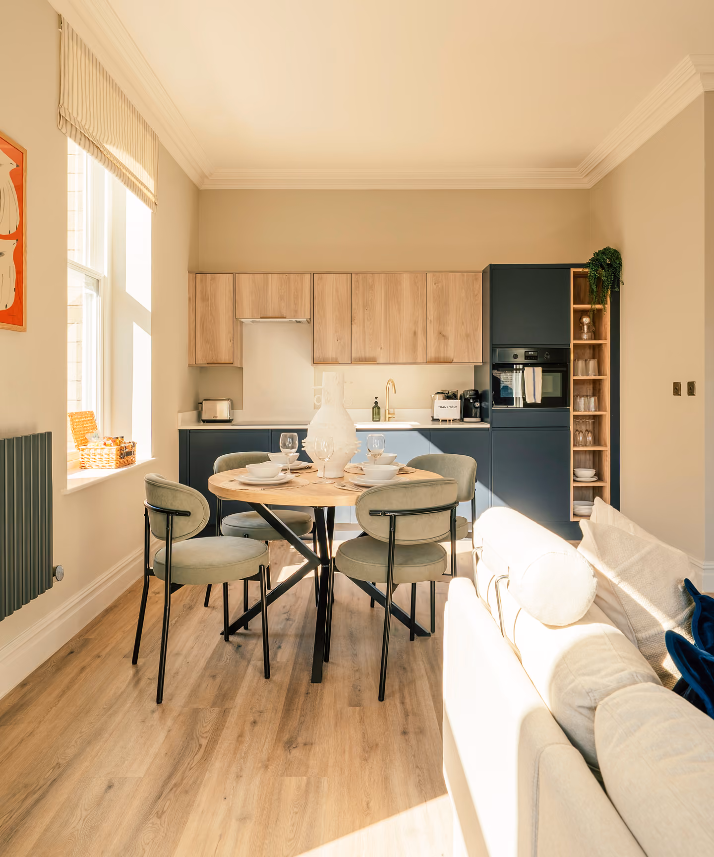 Open-plan kitchen and dining area in a Harrogate apartment
