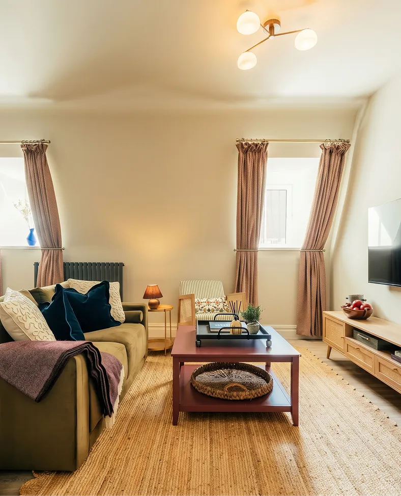 Living room with tall windows and a wooden coffee table in a Harrogate apartment