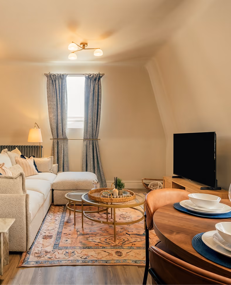 Living room with a patterned rug and cream sofa in a Harrogate apartment