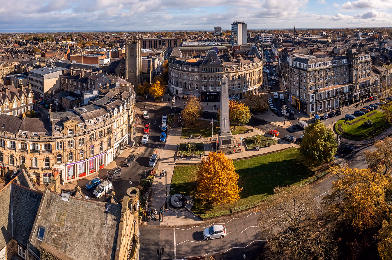 Aerial view of Harrogate town centre in autumn