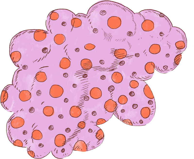 Illustration of a pink, cloud-like blob covered with varying sizes of orange spots and light brown sketch lines.
