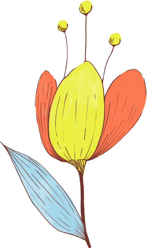 Abstract flower illustration with a yellow central bud, three yellow-tipped stamen, two orange petals, and one blue leaf.