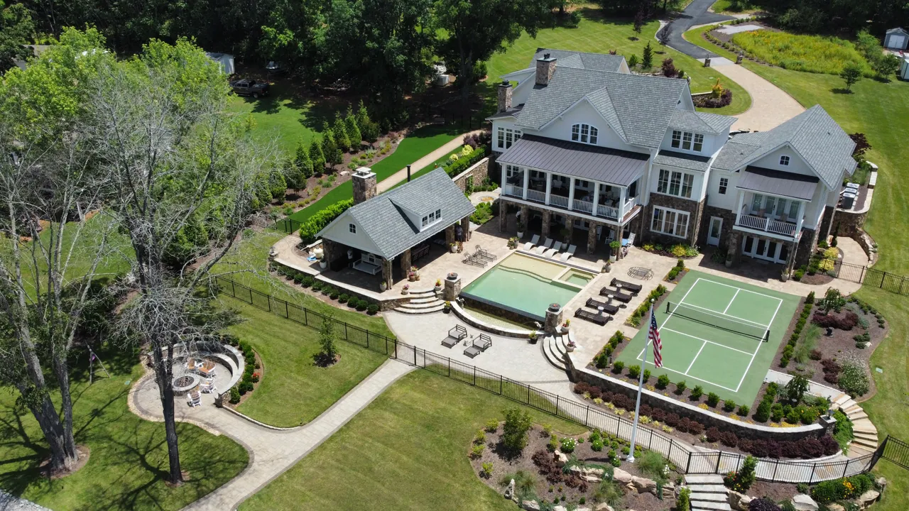 Aerial view of a residential pool and spa built by Kurt Candler