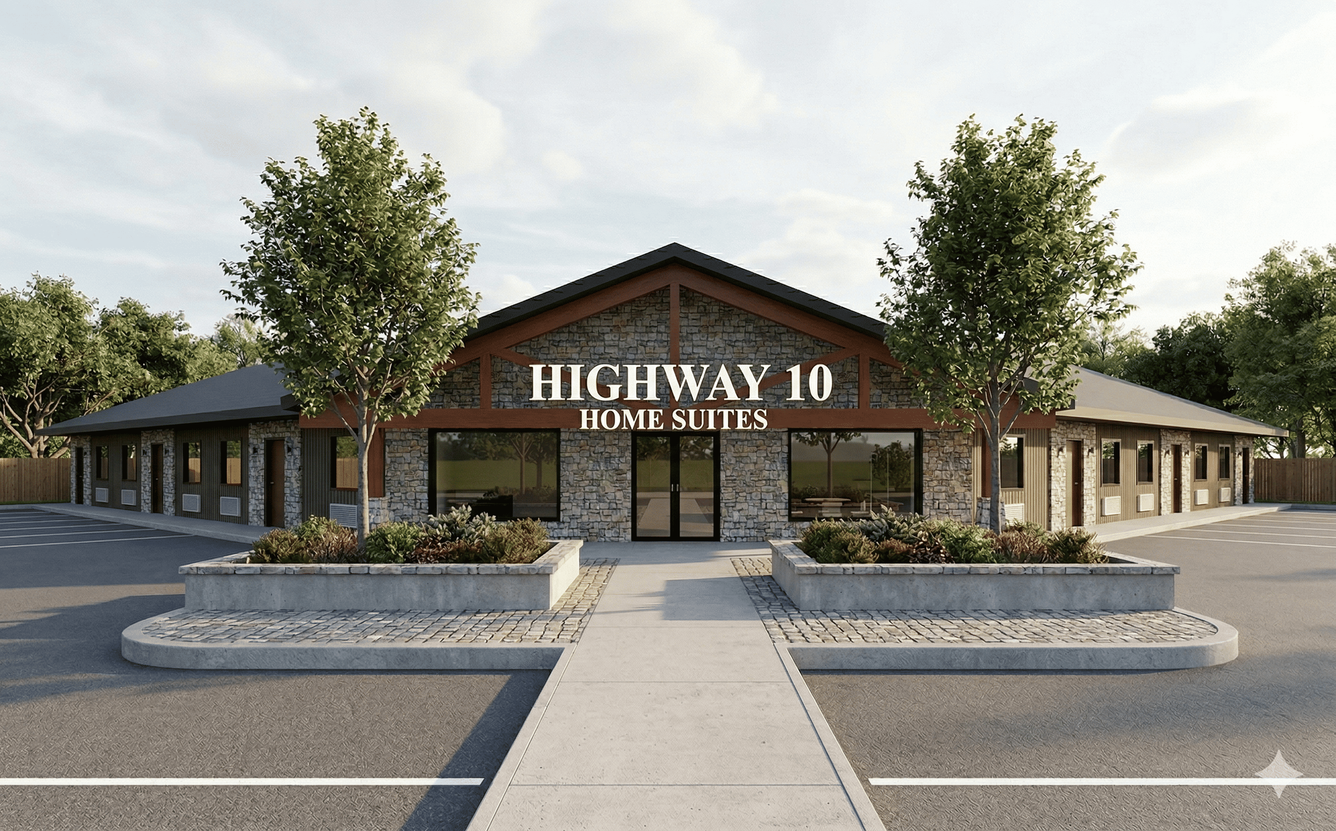 Stone and wood lodge building named Highway 10 Home Suites with parking and trees in front.