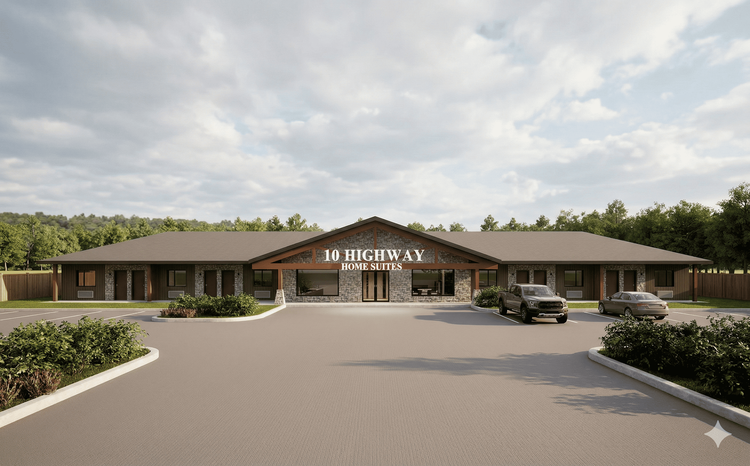 Single-story motel building with stone facade, parking lot, cars, and sign reading '10 HIGHWAY HOME SUITES'.