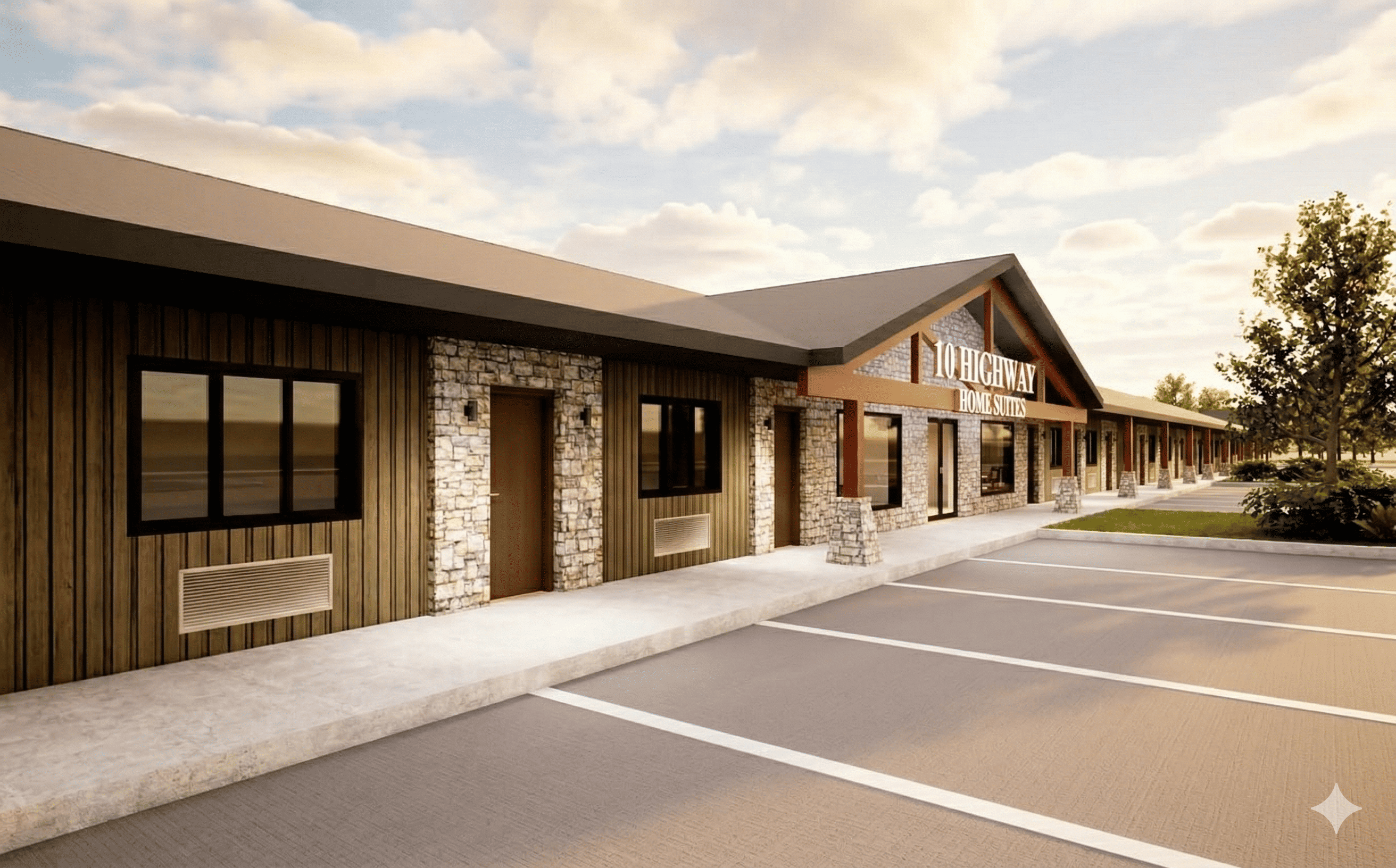 Exterior of 10 Highway Home Suites motel with stone and wood facade and empty parking spaces.