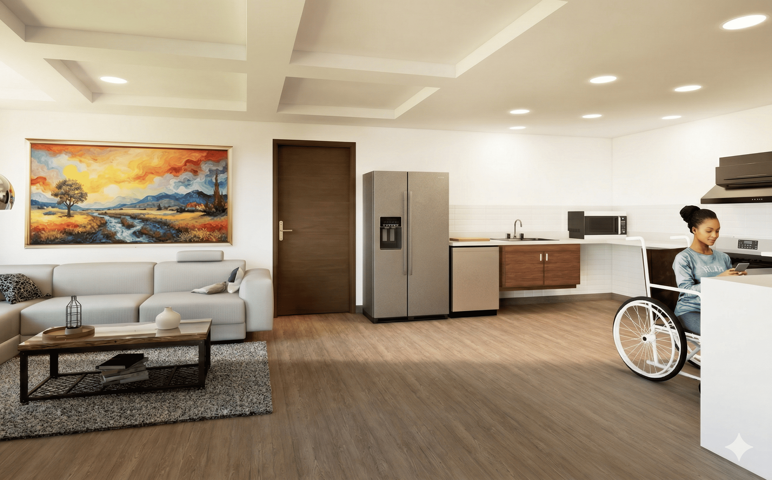 Bright modern kitchen and living room with a woman in a wheelchair using a smartphone at the counter.