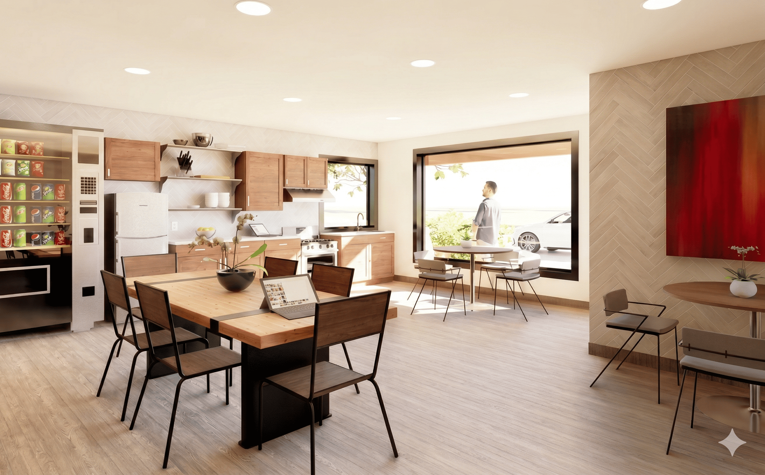 Modern kitchen and dining area with wooden furniture, vending machine, and man standing by large window.