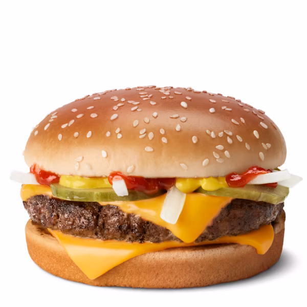 Cheeseburger with sesame bun, beef patty, cheese, pickles, onions, ketchup, and mustard.