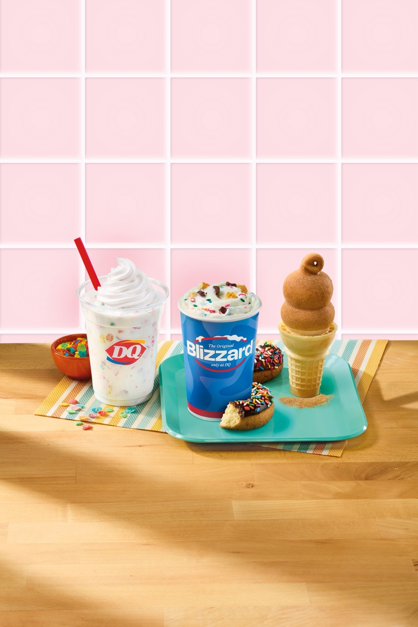 Dairy Queen treats: Fruity Pebbles milkshake, Blizzard with toppings, donut bites, and a soft serve cone.