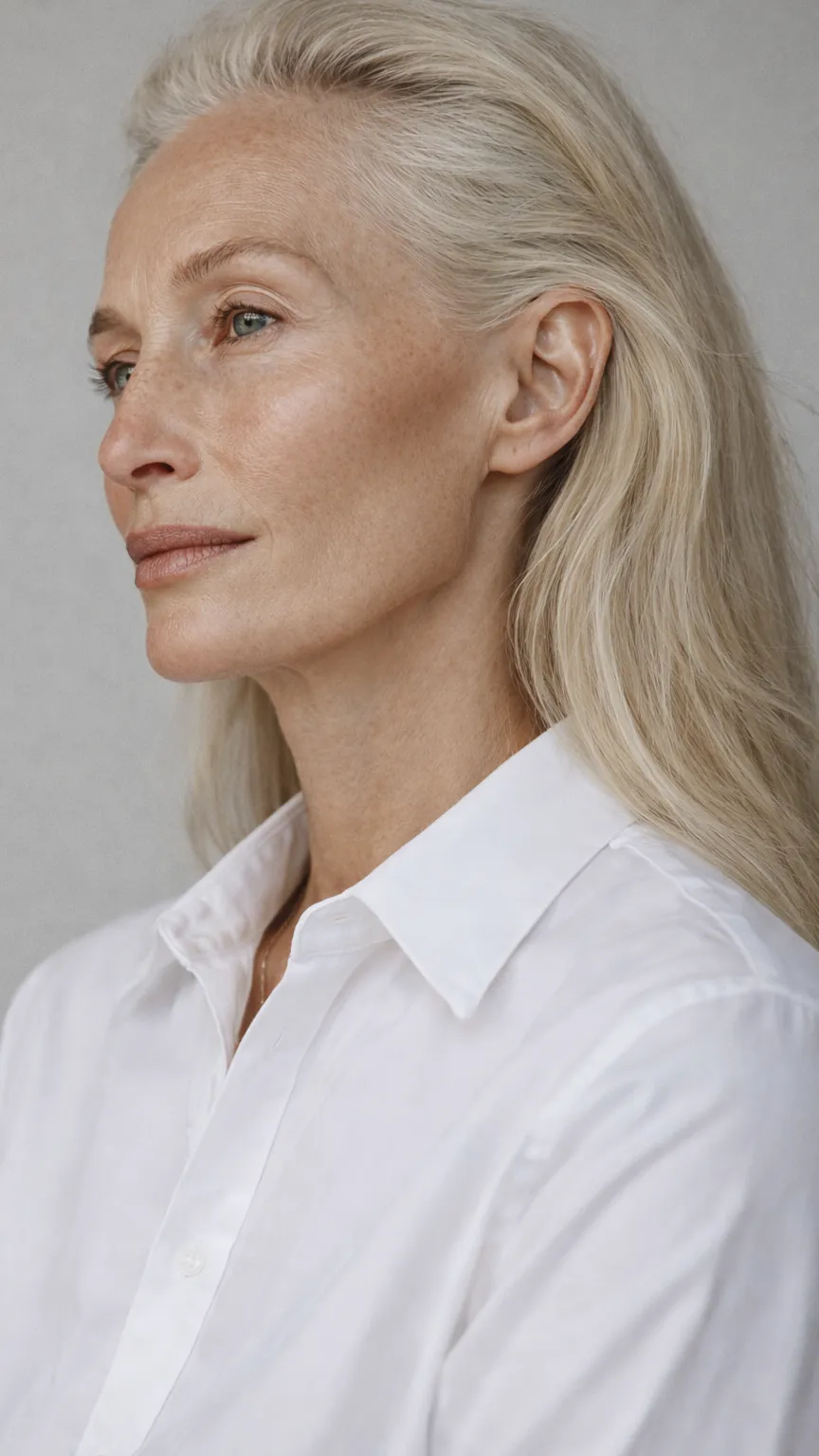 Porträt einer reifen Frau mit blondem Haar, die nachdenklich zur Seite blickt, im weißen Hemd.