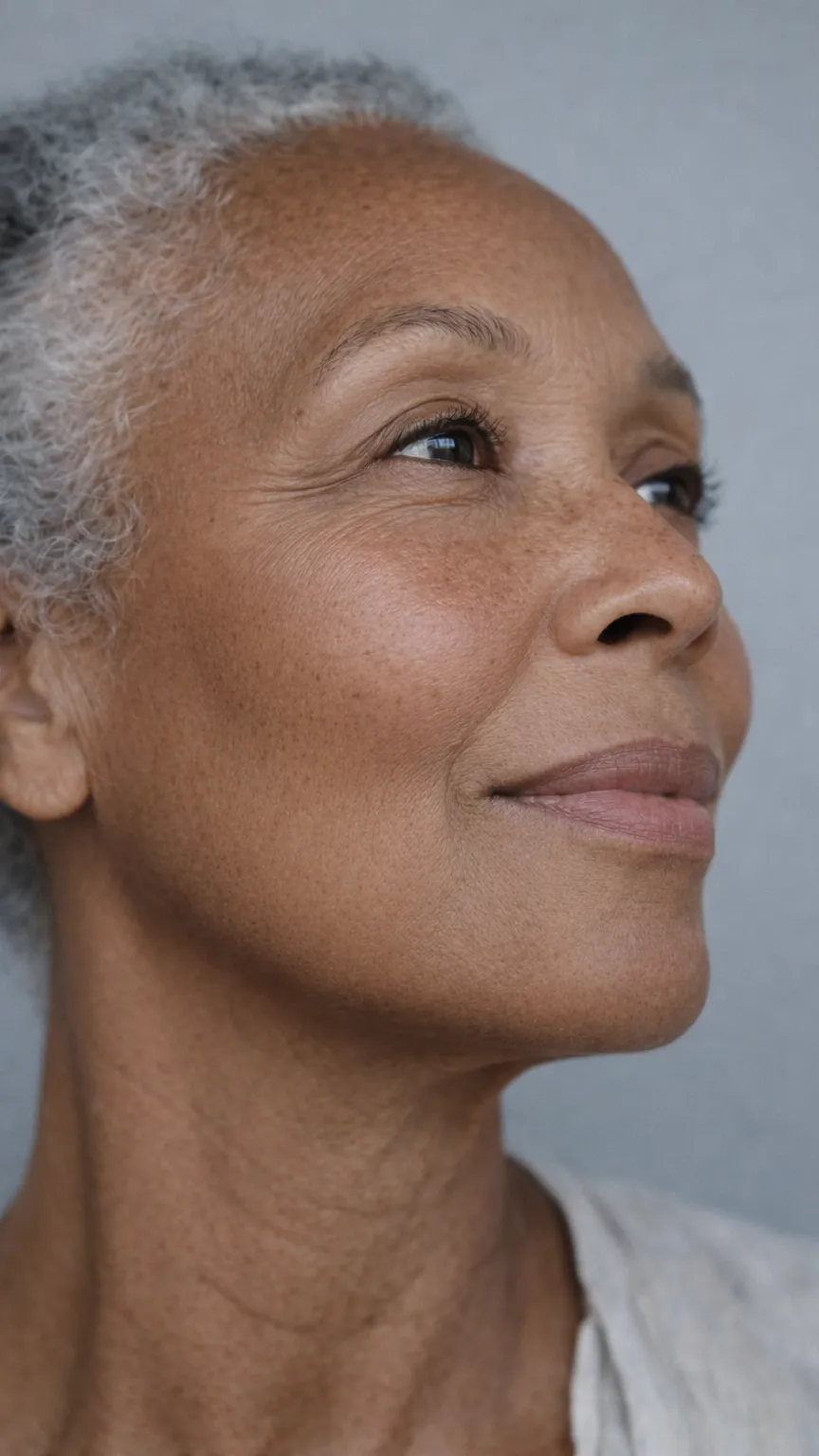 Nahaufnahme eines lächelnden älteren afroamerikanischen Frauentyp mit grauen Haaren und glatter Haut.