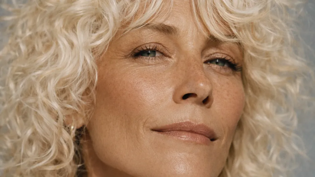 Nahaufnahme eines lächelnden reifen Weiblichen mit lockigem, blondem Haar und blauen Augen.