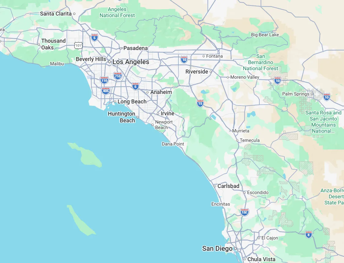 Map of Southern California showing the regions where Prometheus Exotics cars are available