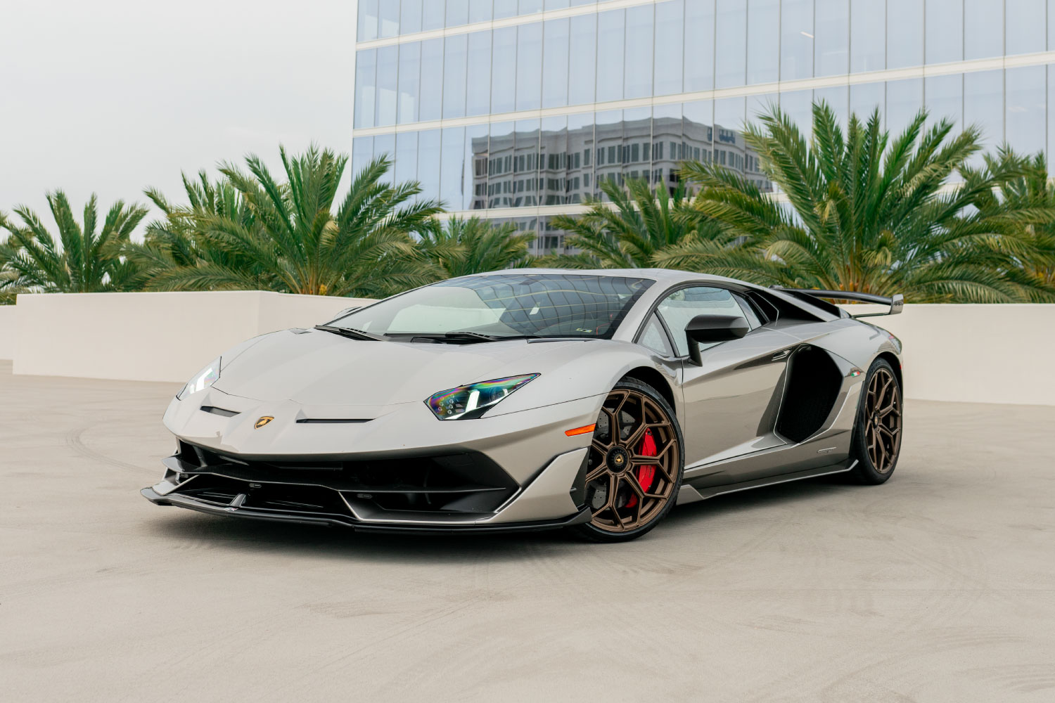 Grey 2019 Lamborghini Aventador SVJ Coupe hypercar rental OC