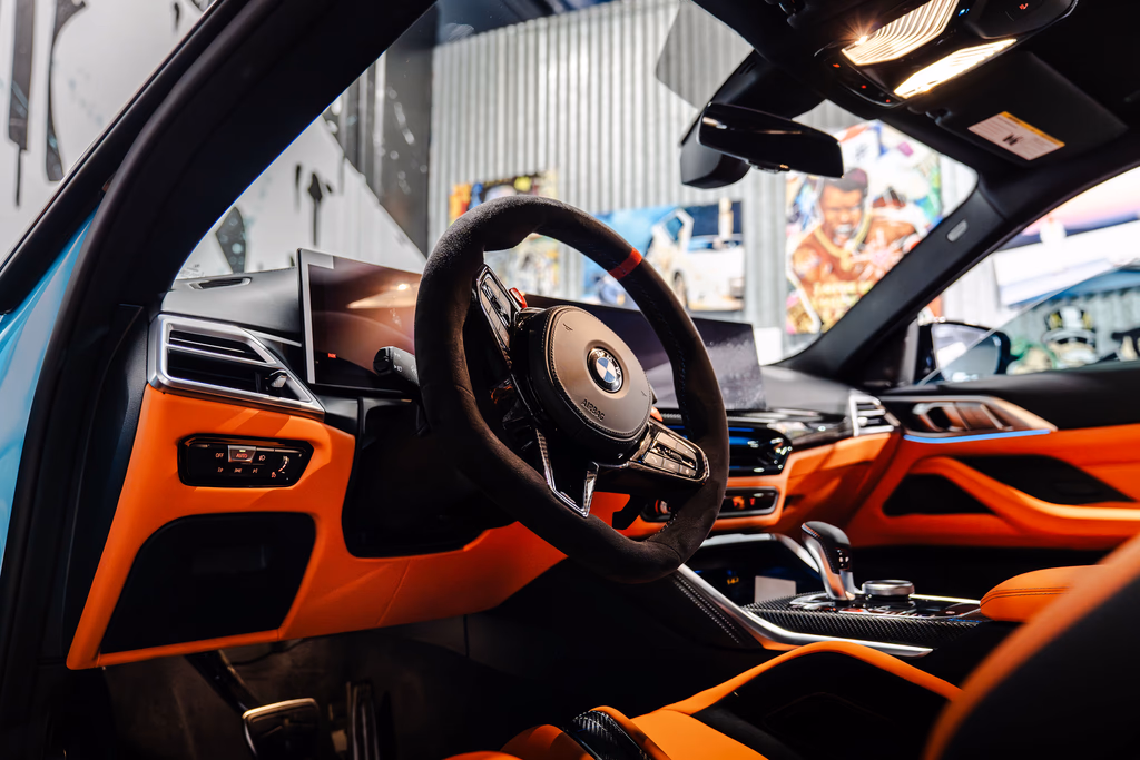 BMW M4 Competition xDrive side profile Turkish Blue supercar Newport Beach rental