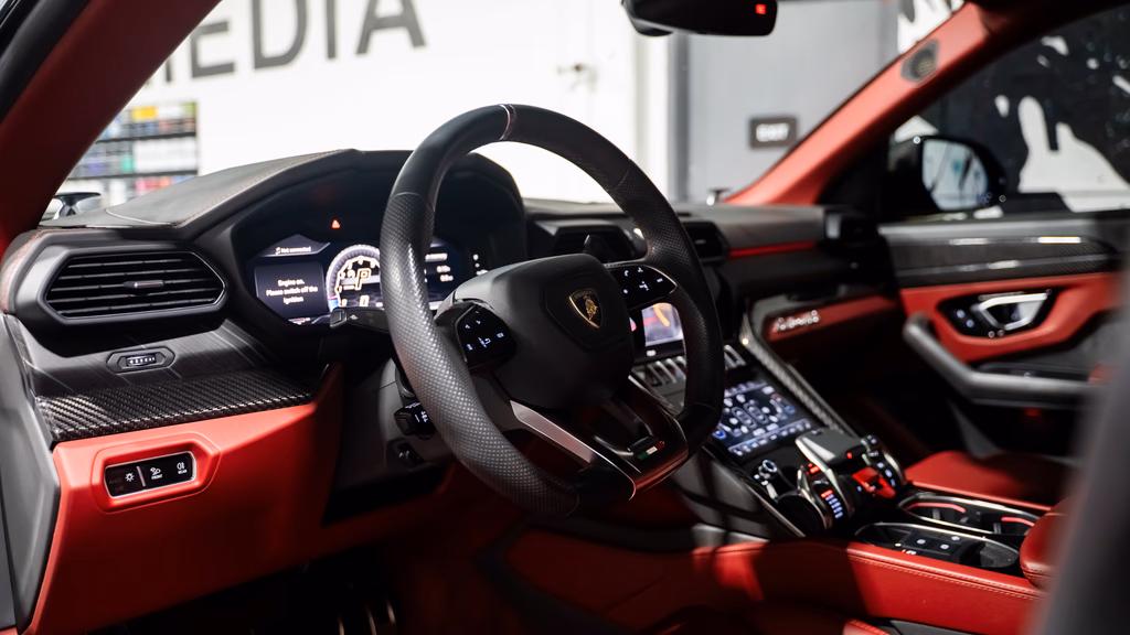 Lamborghini Urus Widebody side profile Satin Black luxury SUV Irvine rental