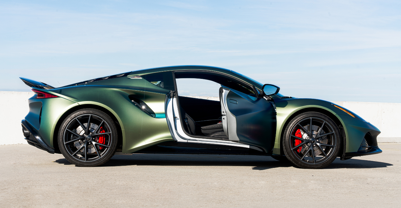 Lotus Emira V6 Silver close-up supercar rental Newport Beach