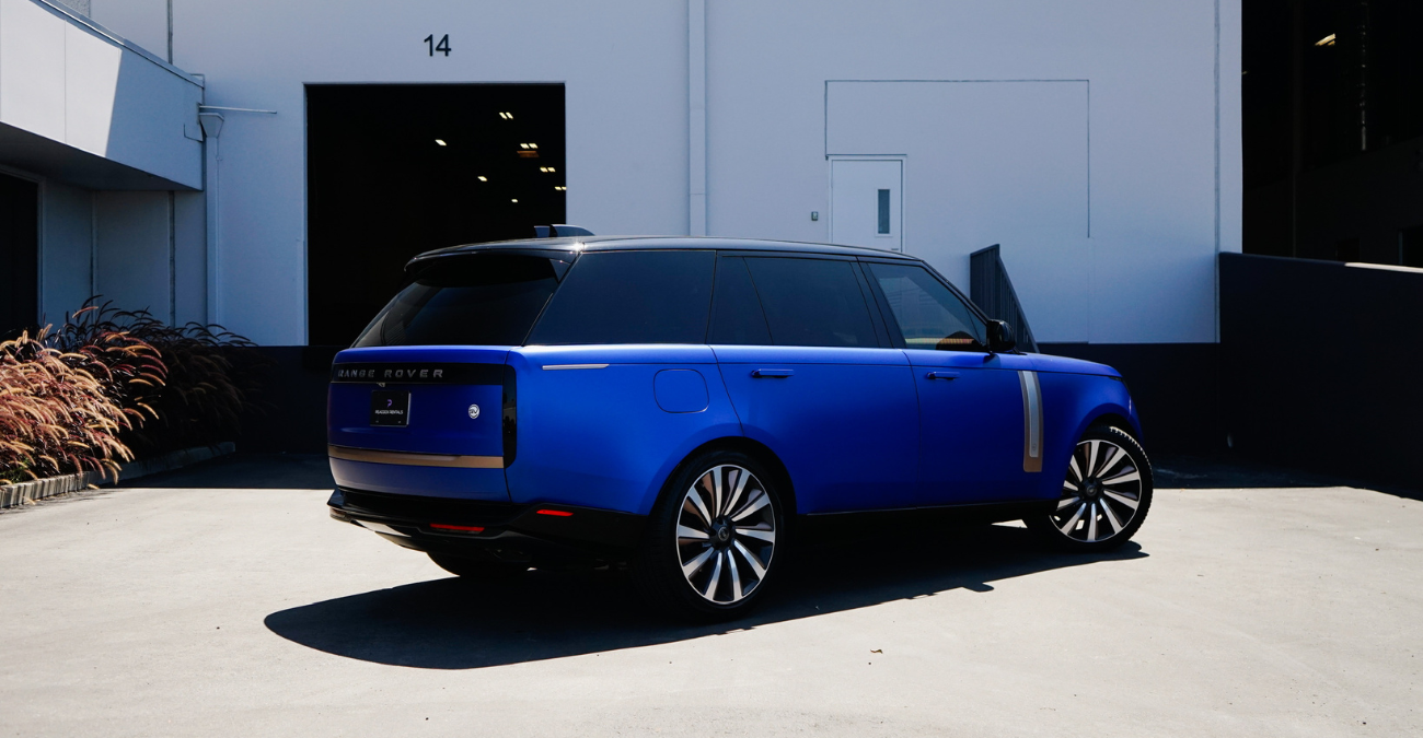 Land Rover Range Rover SV Matte Blue trunk view luxury rental Pacific Coast Highway