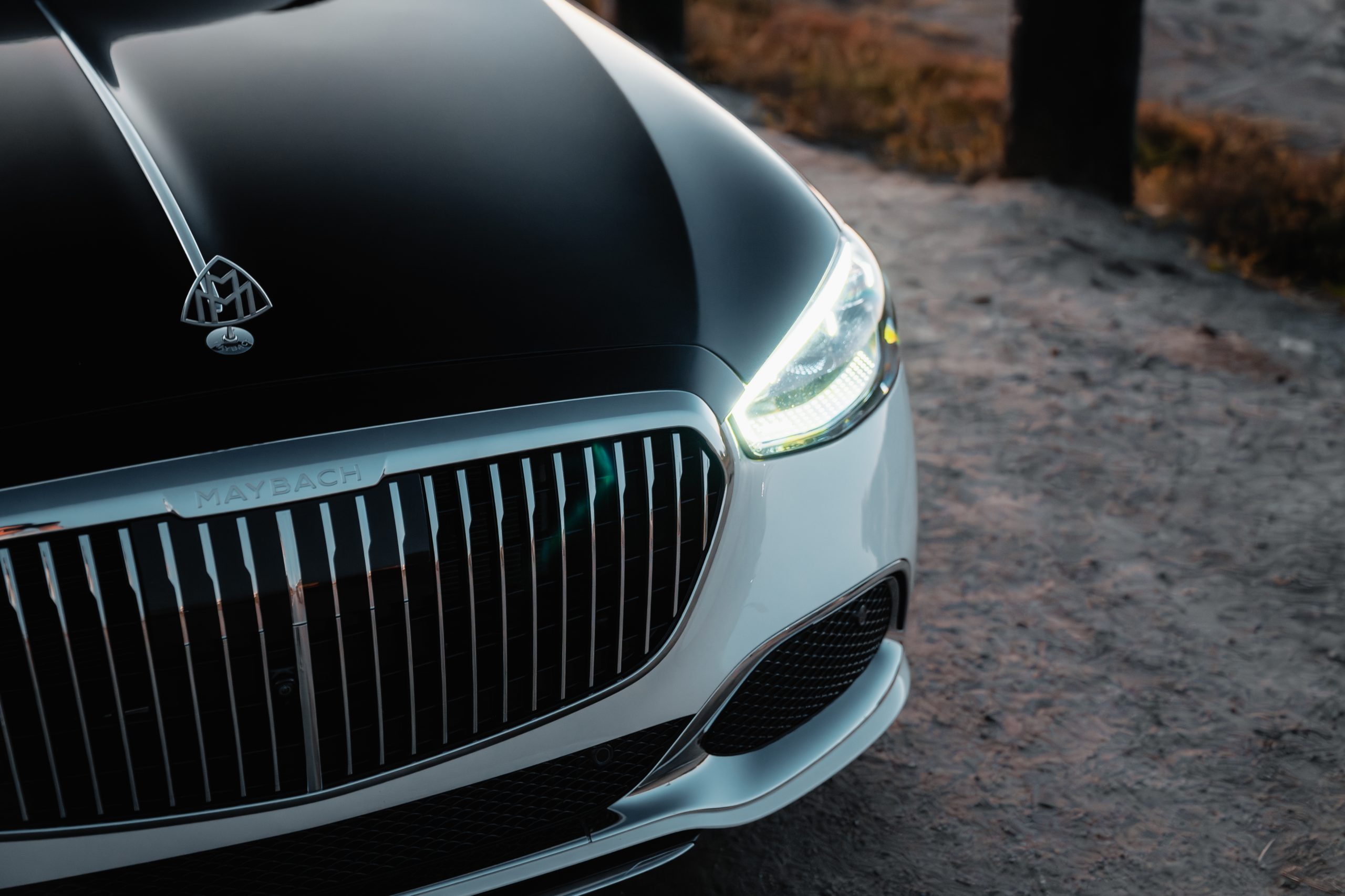 Mercedes-Benz Maybach S580 Two Tone Black and White close-up luxury sedan rental Newport Beach