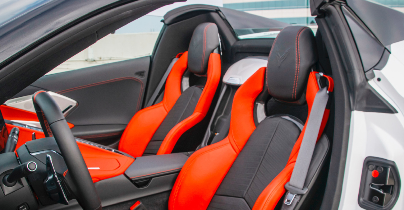 2021 Corvette Stingray Convertible driver cockpit Red / Black seats Newport Beach