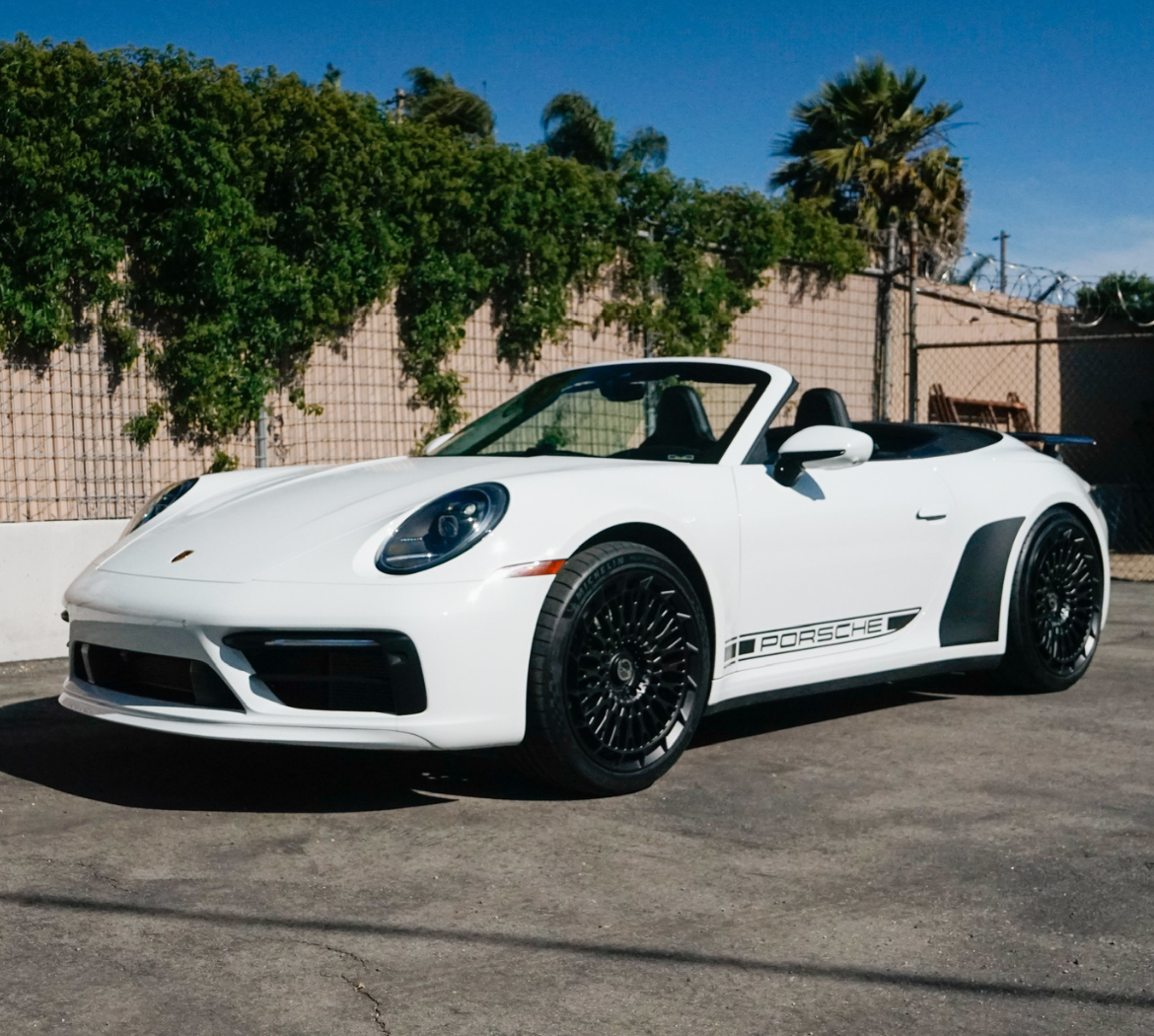 2022 Porsche 911 Carrera 4S Cabriolet White sports car available for rent in Los Angeles