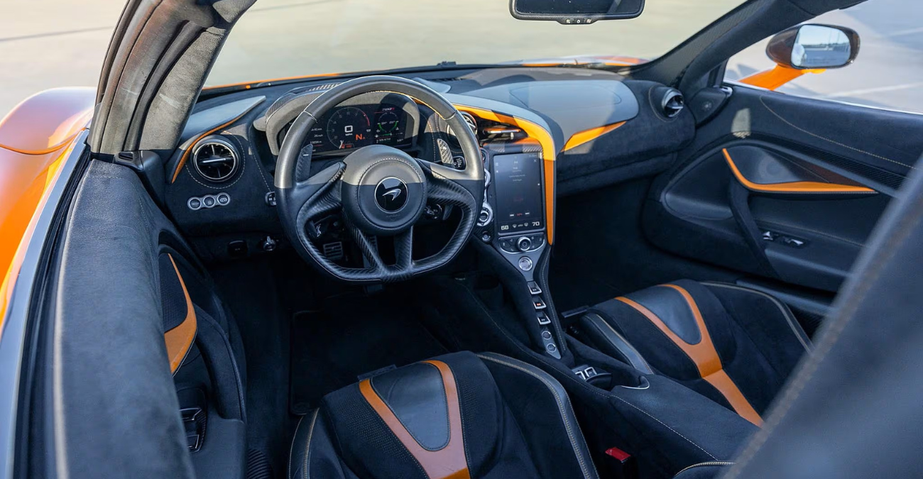 McLaren 720S Spider Performance steering wheel and dash Black / Orange interior Southern California