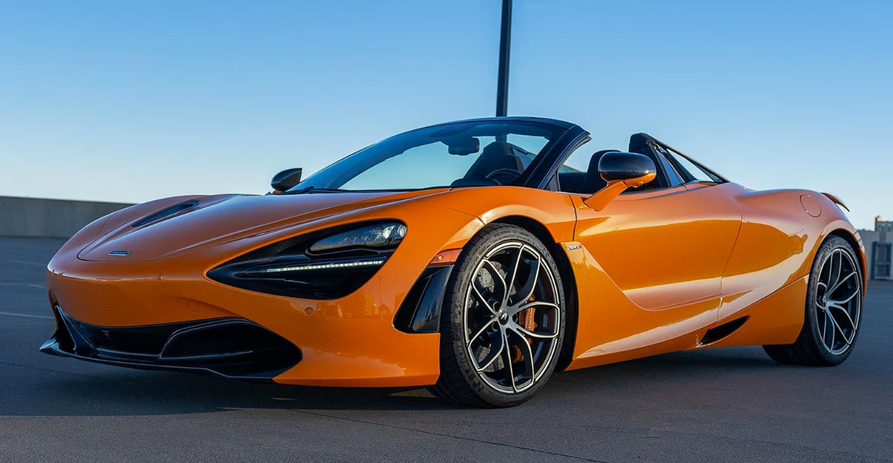 McLaren 720S Spider Performance Orange close-up supercar rental Newport Beach