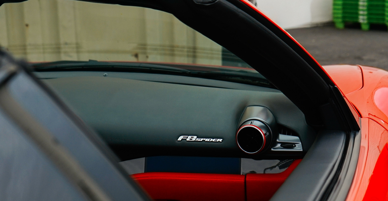 Ferrari F8 Spider steering wheel and dash Black and Red with Carbon interior Newport Beach